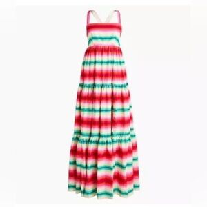 J Crew Stripe Tiered Maxi Long Dress Summer Watermelon w/ Pockets Sz 16 Ret $228